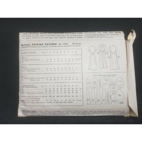 McCall 1948 Ladies & Misses' Dress Sewing Pattern #7326 NEW UNCUT Size 16 - Picture 3 of 3